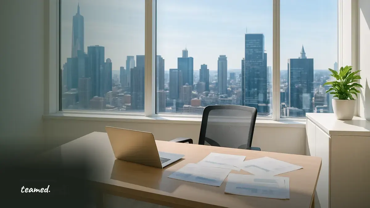 A modern office space with a city view, symbolizing the professional nature of employment services.